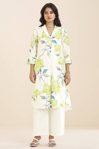 elegant white linen blend floral printed kurta for women
