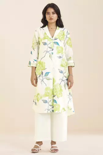 elegant white linen blend floral printed kurta for women