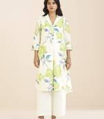 elegant white linen blend floral printed kurta for women