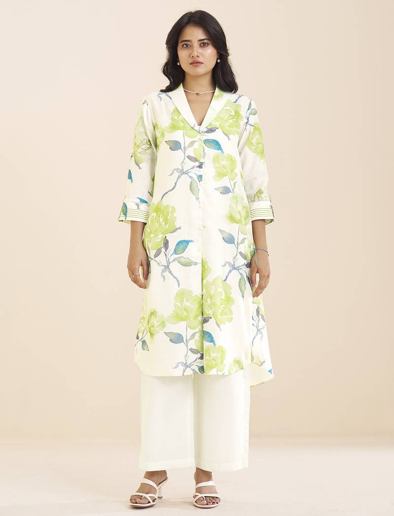 elegant white linen blend floral printed kurta for women