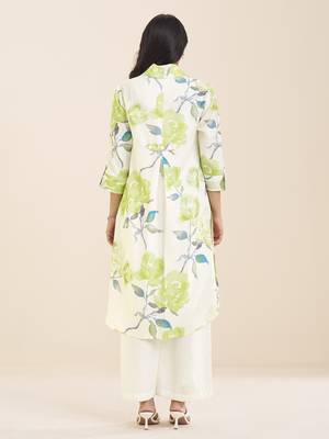 elegant white linen blend floral printed kurta for women 2
