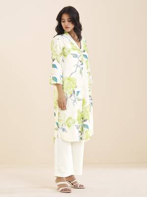 elegant white linen blend floral printed kurta for women 3