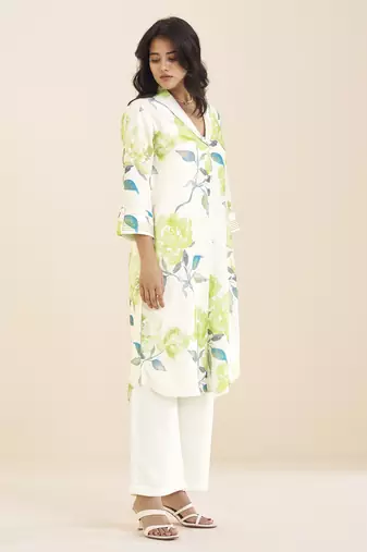 elegant white linen blend floral printed kurta for women