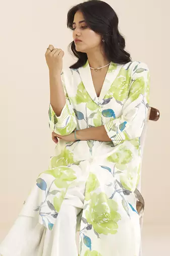 elegant white linen blend floral printed kurta for women