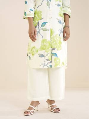 elegant white linen blend floral printed kurta for women 5