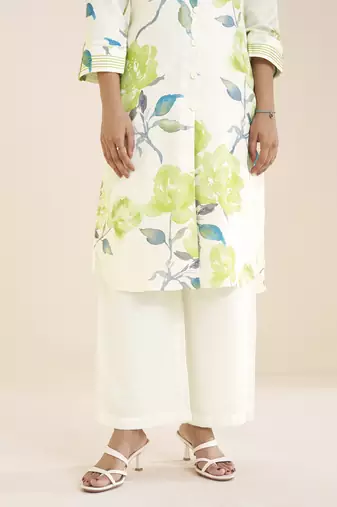 elegant white linen blend floral printed kurta for women