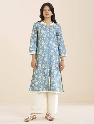 women’s premium blue linen blend printed kurta 1