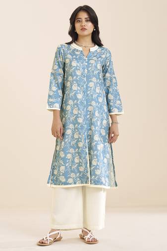 women’s premium blue linen blend printed kurta