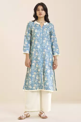 women’s premium blue linen blend printed kurta