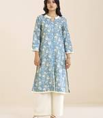 women’s premium blue linen blend printed kurta