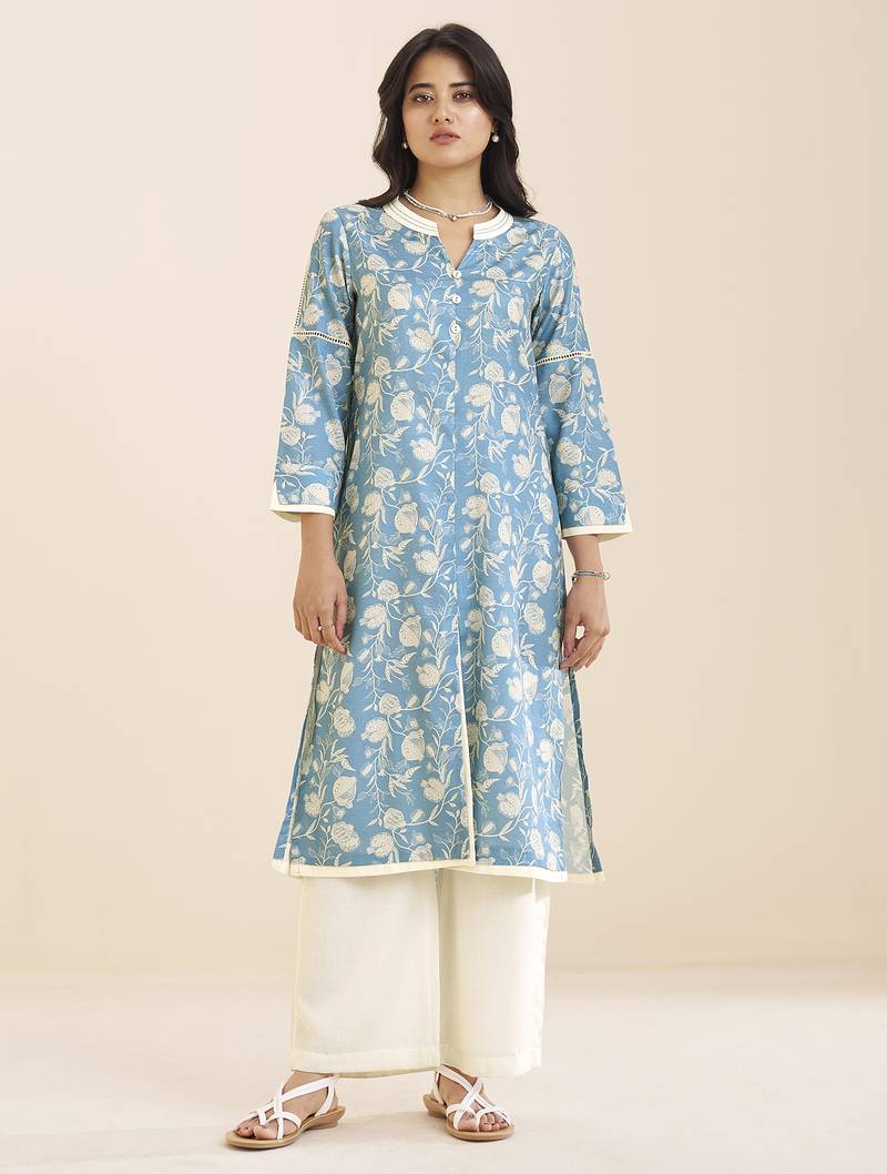 women’s premium blue linen blend printed kurta