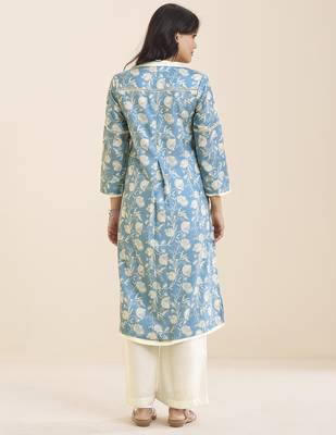 women’s premium blue linen blend printed kurta 2