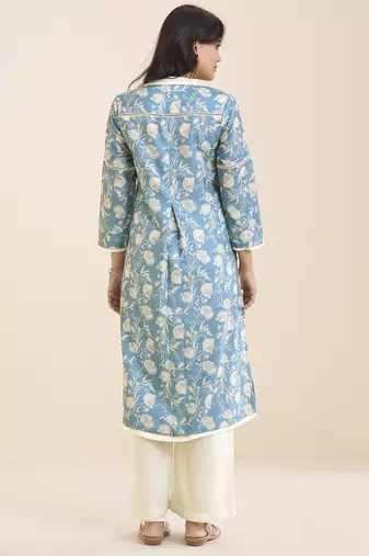 women’s premium blue linen blend printed kurta