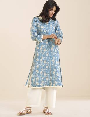 women’s premium blue linen blend printed kurta 3