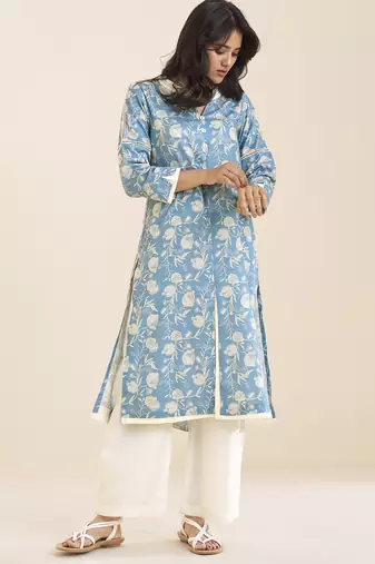 women’s premium blue linen blend printed kurta