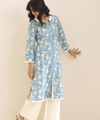 women’s premium blue linen blend printed kurta 4