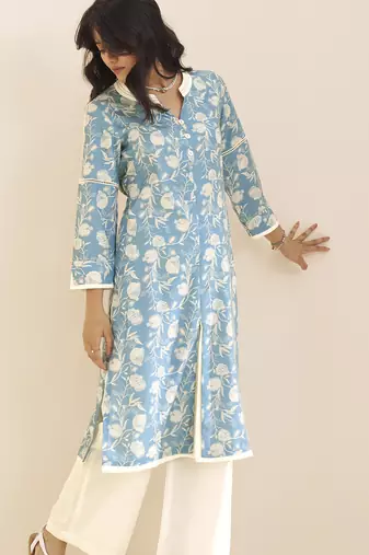 women’s premium blue linen blend printed kurta