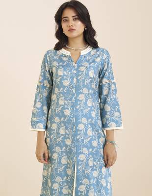 women’s premium blue linen blend printed kurta 5