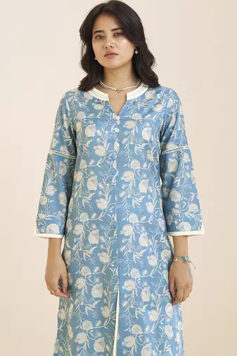 women’s premium blue linen blend printed kurta