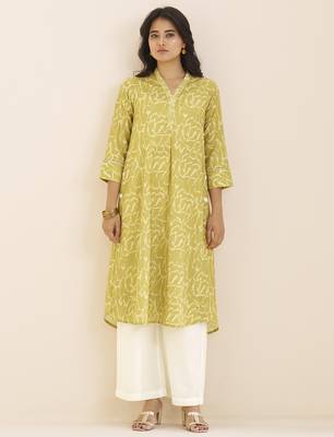 women’s light yellow linen blend printed kurta 1