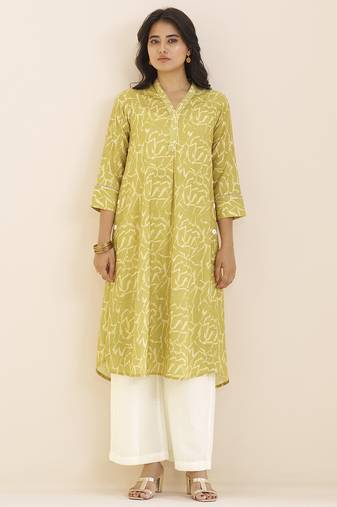 women’s light yellow linen blend printed kurta
