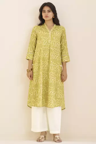 women’s light yellow linen blend printed kurta