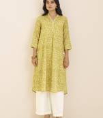 women’s light yellow linen blend printed kurta