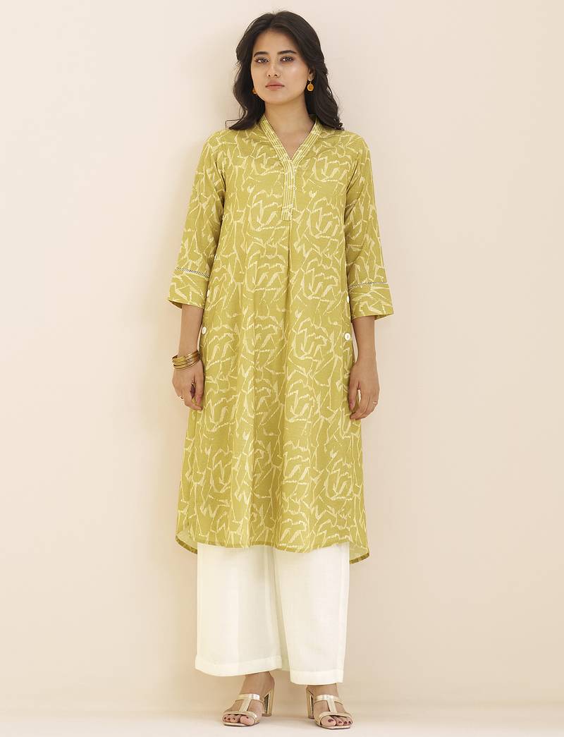 women’s light yellow linen blend printed kurta