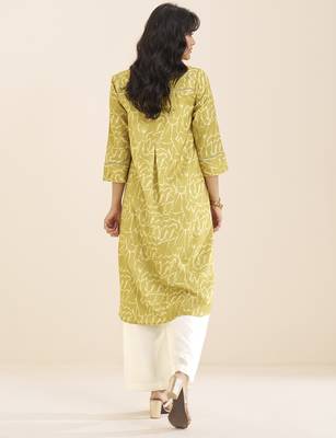 women’s light yellow linen blend printed kurta 2