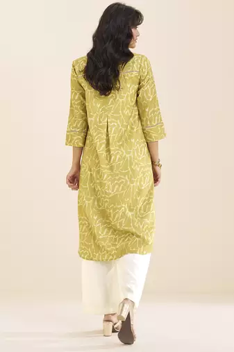 women’s light yellow linen blend printed kurta