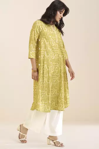 women’s light yellow linen blend printed kurta