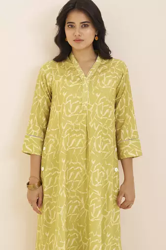 women’s light yellow linen blend printed kurta