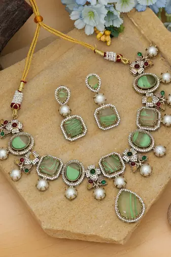 Light green color american diamond necklace set