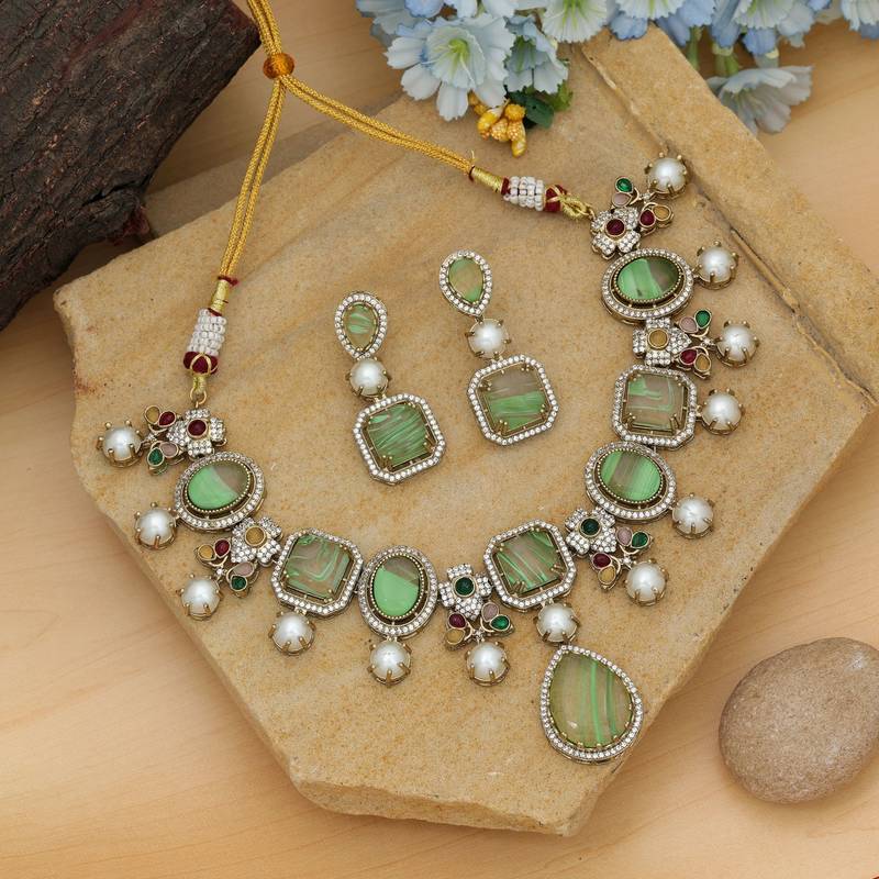 Light green color american diamond necklace set