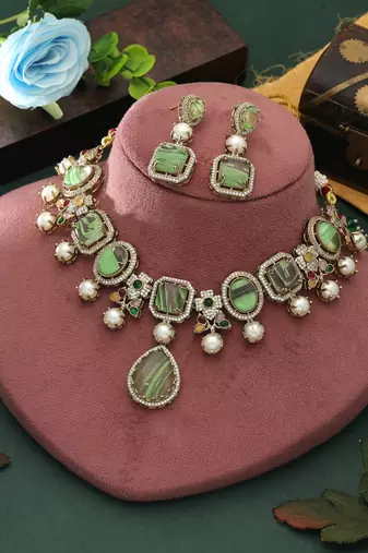 light green american diamond necklace and earrings set