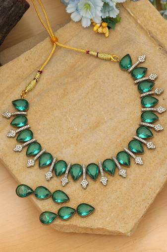 Green color american diamond necklace set