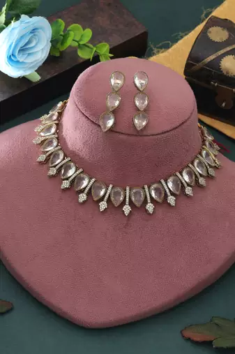 designer gold color american diamond necklace set