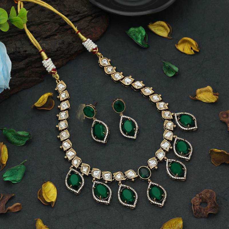 Green color american diamond necklace set