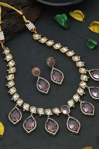 Pink color american diamond necklace set