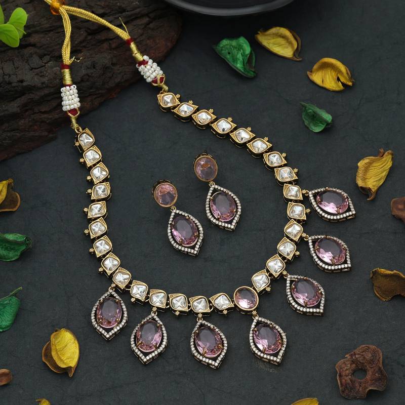 Pink color american diamond necklace set