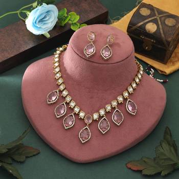 designer pink american diamond necklace and earrings set 2