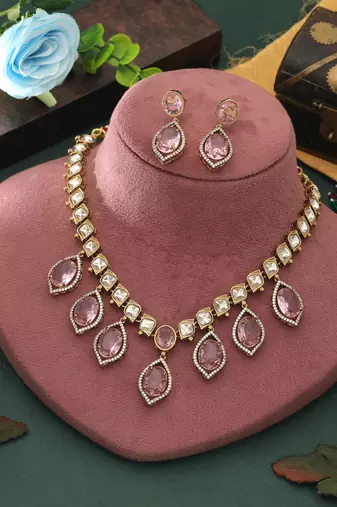 designer pink american diamond necklace and earrings set