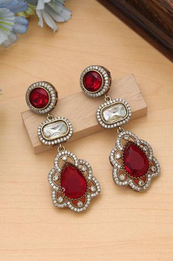 Red color american diamond earrings