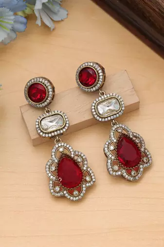 Red color american diamond earrings