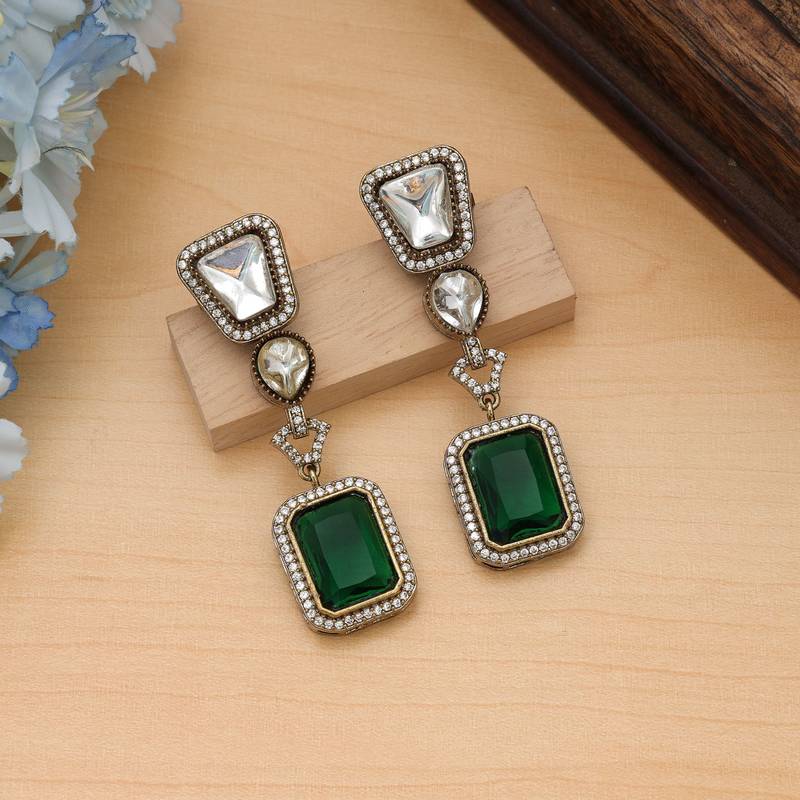 Green color american diamond earrings