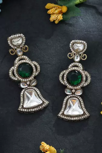 green diamond work brass dangle earrings