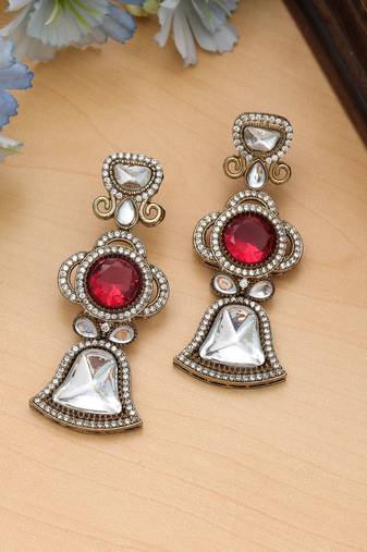 Red color american diamond earrings