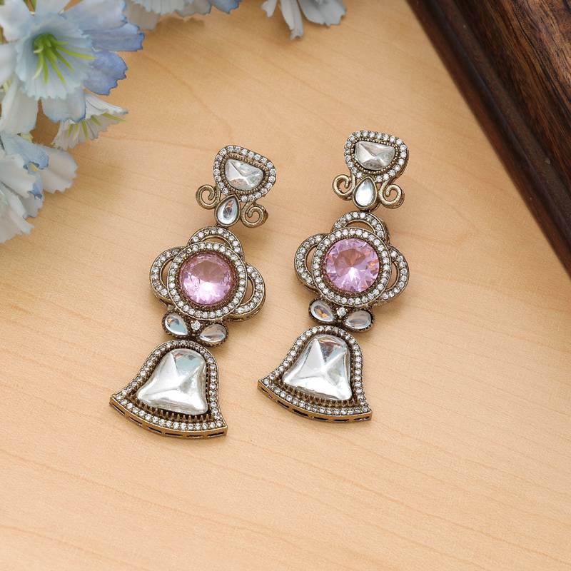 Pink color american diamond earrings