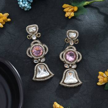 pink american diamond brass drop earrings 2