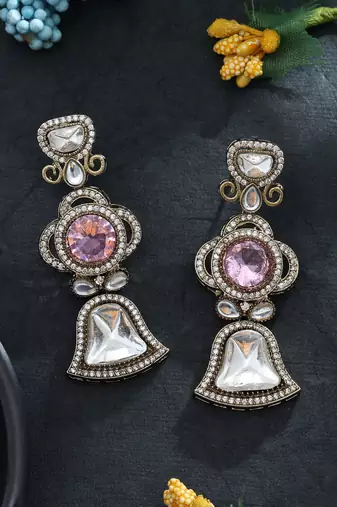 pink american diamond brass drop earrings